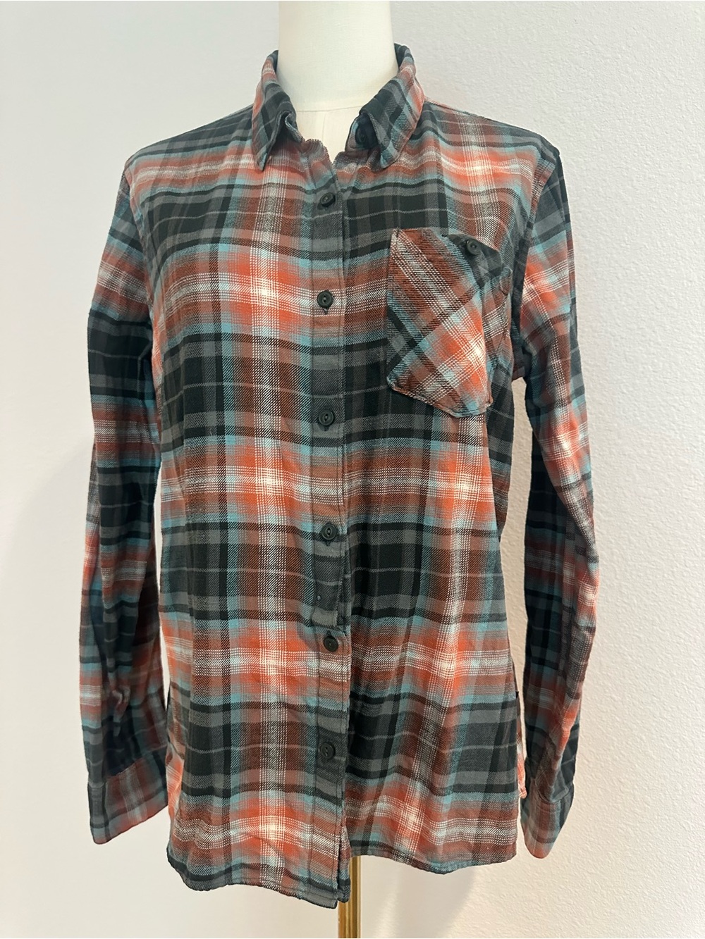 Patagonia Women's Plaid Button-Down Shirt in Black, Orange & Blue Organic Cotton